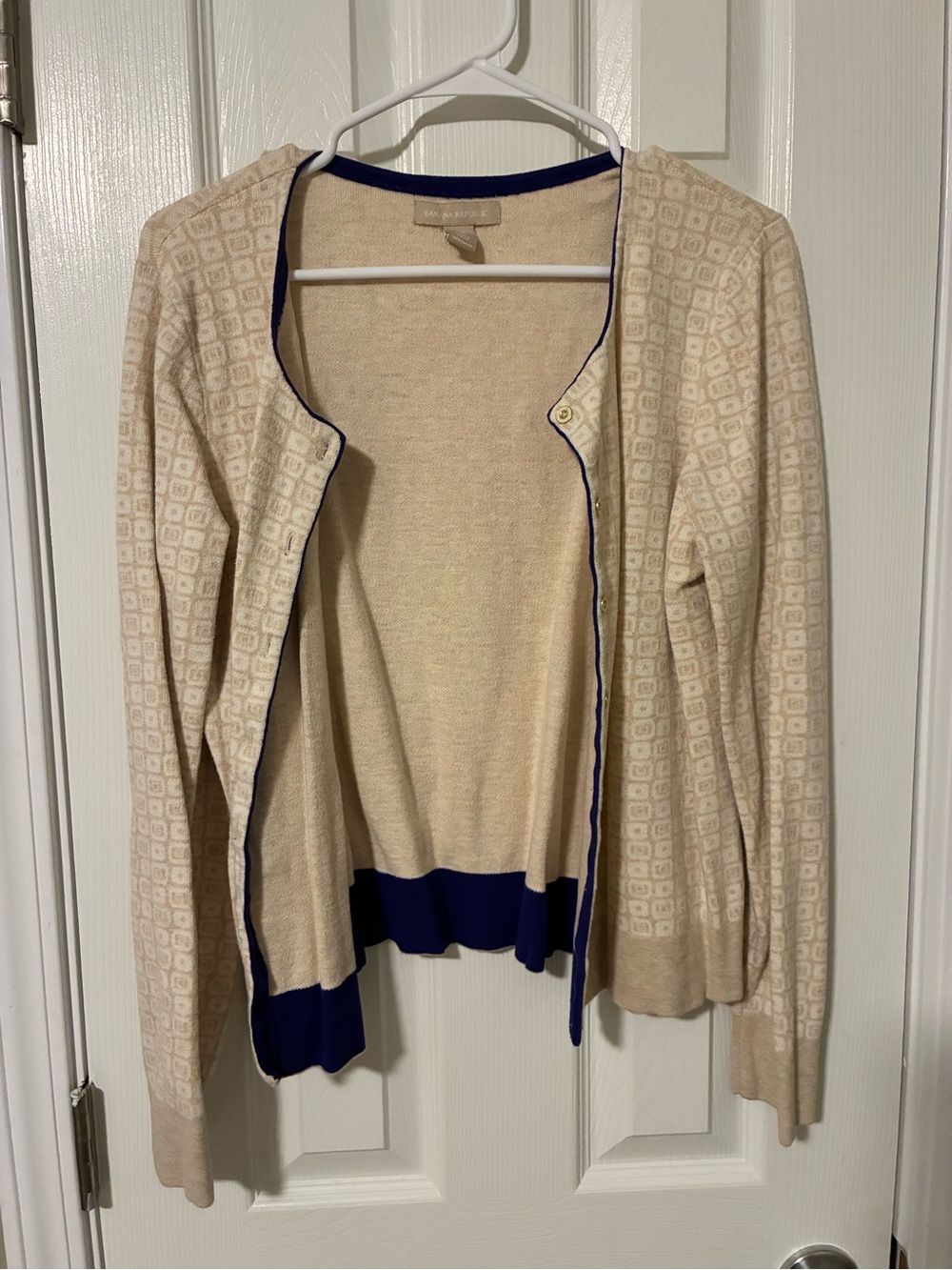 Banana Republic Cream Patterned Cardigan with Navy Trim